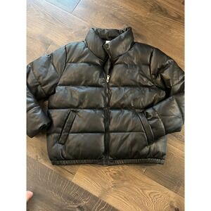 Sebby Collection Faux Leather Puffer Jacket‎ Black Quilted Mock Neck XL